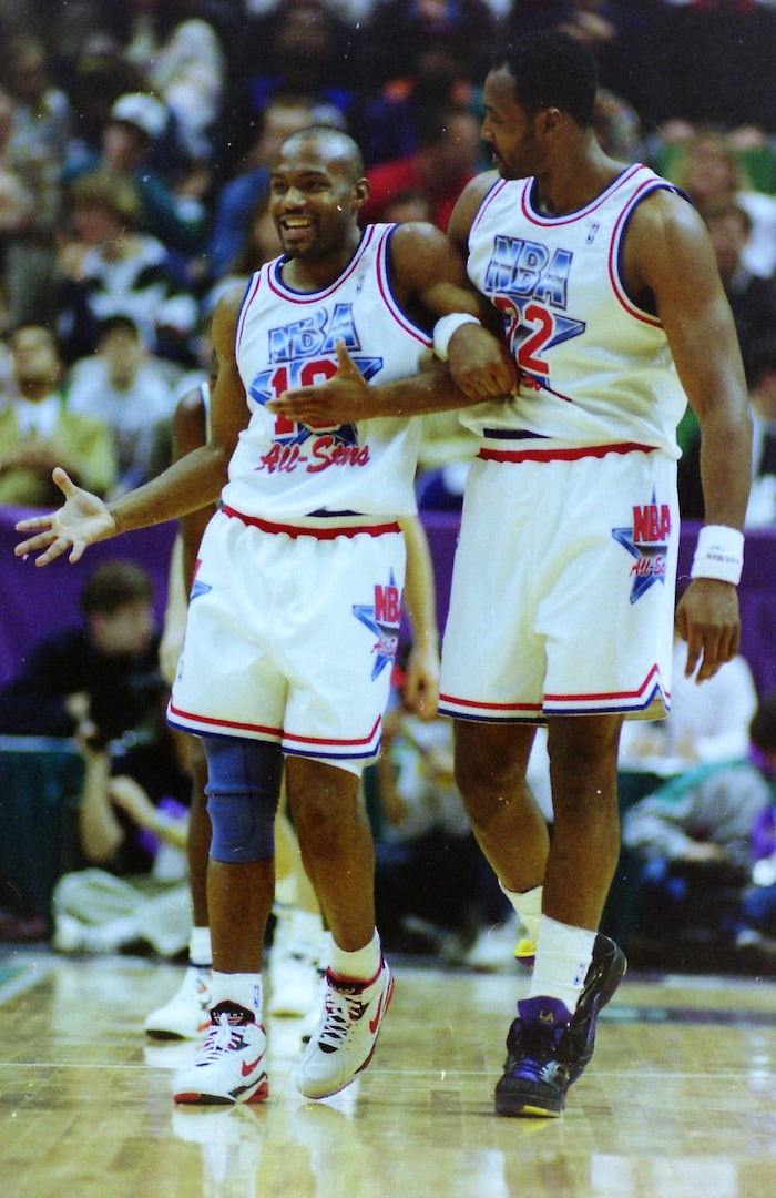 (Steve Griffin  | Tribune File Photo)  Tim Hardaway and Karl Malone, in the 1993 All Star Game at the Delta Center in Salt Lake City, Sunday, Feb. 21, 1993.