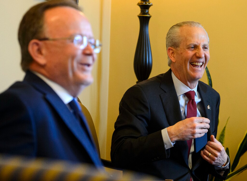 (Steve Griffin  |  The Salt Lake Tribune)  Senate President Wayne Niederhauser, R -Sandy laughs with Senate Majority Whip, Sen. J. Stuart Adams, R-Layton, as they speak to the media as Senate leaders make themselves available for questions in the Senate President's offices at the State capitol in Salt Lake City Thursday Feb. 15, 2018.