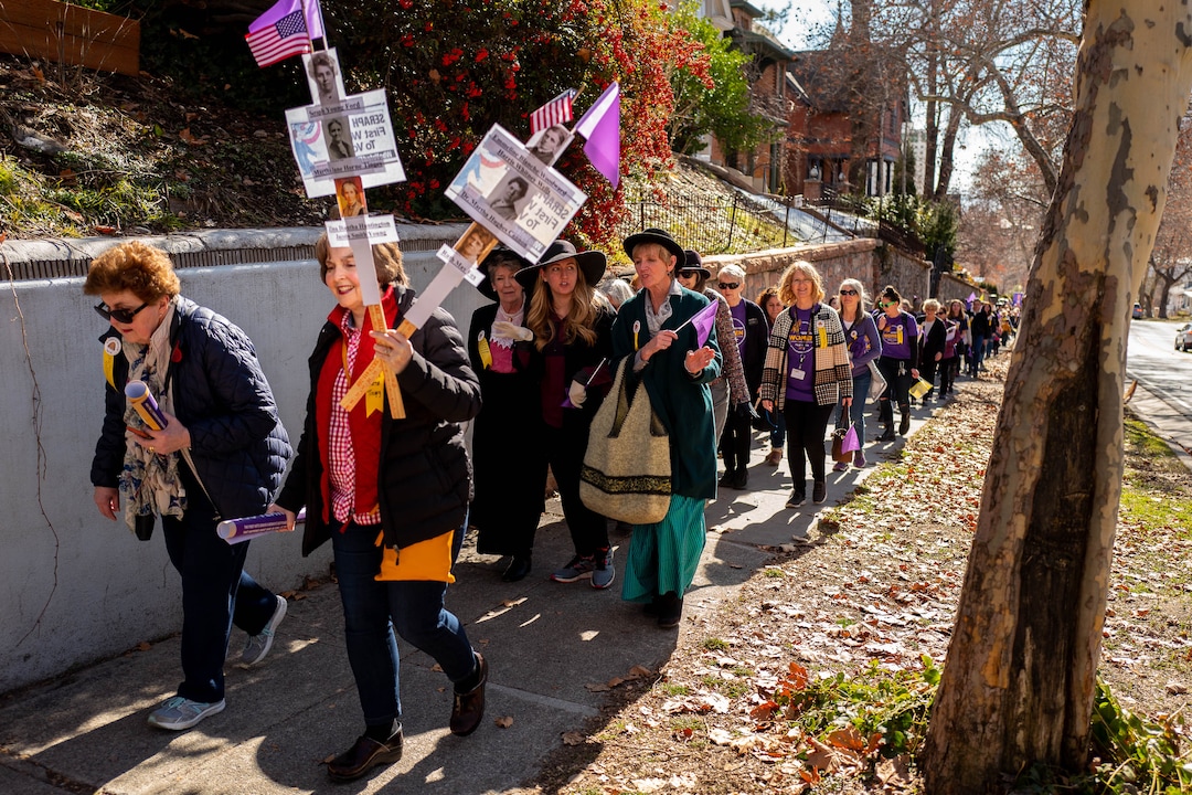 (Trent Nelson  |  The Salt Lake Tribune) Better Days 2020 and other groups are holding a remembrance walk on Feb. 14, the 150th anniversary of Seraph Young casting her historical vote in Utah. They're asking people to wear suffrage colors (purple, white, yellow) and pins and ribbons.The walk starts at 12:15 p.m. at City Creek Park. It'll head north on State Street for a short speech and exhibit viewing at Council  Hall, then end at Memorial House in Memory Grove Park. on Friday, Feb. 14, 2020.