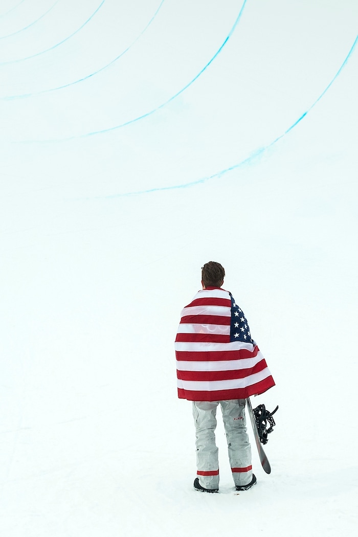 (Chris Detrick  |  The Salt Lake Tribune)  Shaun White looks up at the halfpipe after winning gold on his run during the men's halfpipe finals at Phoenix Snow Park during the Pyeongchang 2018 Winter Olympics Wednesday, Feb. 14, 2018.  White won the event with a 97.75, his third Olympic gold medal in the halfpipe (2006, 2010, 2018).