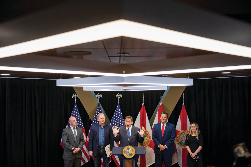 FILE — Gov. Ron DeSantis of Florida at a news conference about his punitive measures against the Walt Disney Co., in Lake Buena Vista, Fla., April 17, 2023. A win by DeSantis in the company’s First Amendment lawsuit would cast a pall of fear over private expression, writes the New York Times opinion columnist David French. (Damon Winter/The New York Times)