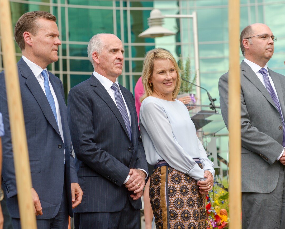 (Leah Hogsten  |  The Salt Lake Tribune)  l-r Peter R. Huntsman, Chairman and CEO of the Huntsman Cancer Foundation and lead donors Spencer and Kristen Kirk prepare to break ground for the Kathryn F. Kirk Center for Comprehensive Cancer Care and WomenÕs Cancers at Huntsman Cancer Institute, September 5, 2019. The building was named in honor of Spencer KirkÕs mother. The new center will house a floor dedicated to womenÕs cancers, a new endoscopy center, increased services for blood and bone marrow transplant patients, an expanded HCI Wellness and Integrative Health Center and 48 new inpatient hospital rooms.