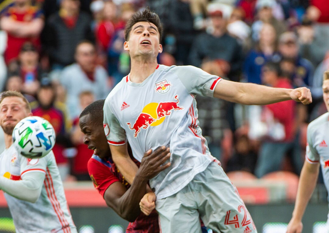 (Rick Egan  |  The Salt Lake Tribune)    New York Red Bulls forward Brian White (42) and  with Real Salt Lake defender Nedum Onuoha (14) battle for position, in MLS acton between Real Salt Lake and the New York Red Bulls at Rio Tinto Stadium, Saturday, March 7, 2020.