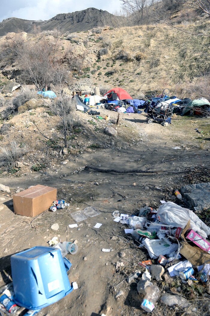 (Al Hartmann  |  The Salt Lake Tribune) 	
One of several homeless camps perched on the mountainside above Victory Road north of the state Capitol building. Disposal of garbage is an ongoing problem in the area.
