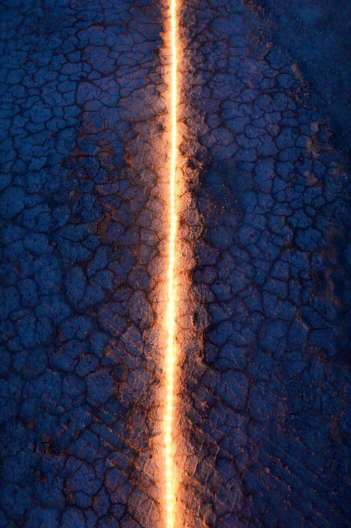 (Scott Sommerdorf | The Salt Lake Tribune)
A light strip on the salt flats lit the way to Aid Station 14 - the last checkpoint before the finish line at the Salt Flats 100 Endurance Run, Saturday, May 5, 2018.
