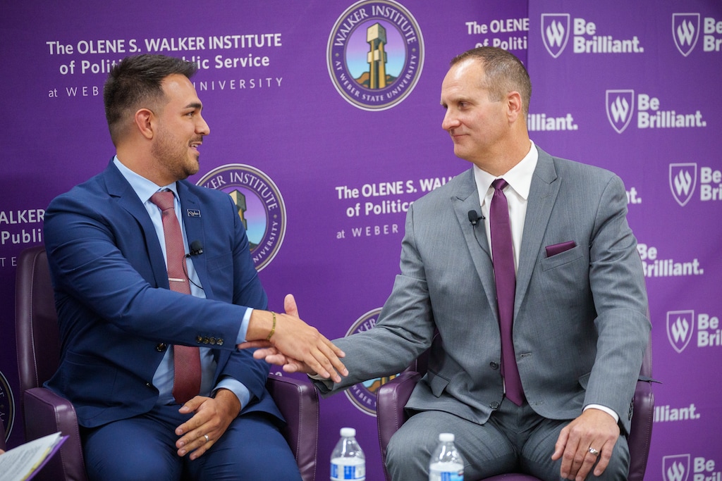 (Trent Nelson  |  The Salt Lake Tribune) Taylor Knuth and Ben Nadolski shake hands after the Ogden Mayoral Debate at Weber State on Thursday, Oct. 19, 2023.