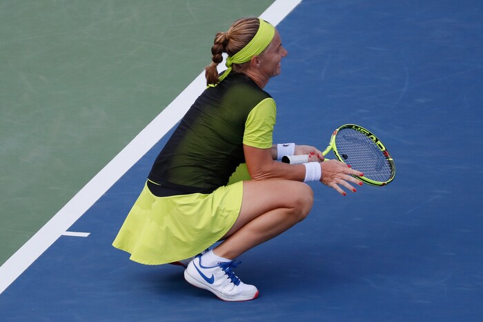 Svetlana Kuznetsova, of Russia, reacts during a match against Garbine Muguruza, of Spain, at the Western & Southern Open tennis tournament, Friday, Aug. 18, 2017, in Mason, Ohio. (AP Photo/John Minchillo)