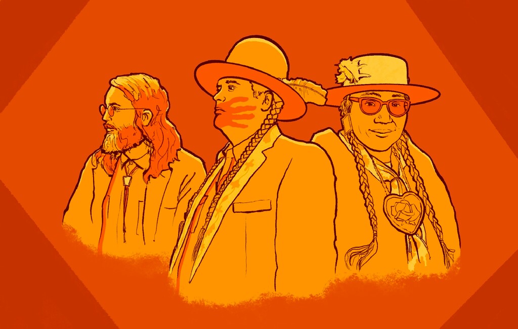 (Illustration by Christopher Cherrington  |  The Salt Lake Tribune) Russel Albert Daniels, Gregg Deal and Kerry Cesspooch, from left, talk about how they, as Indigenous people, approach Thanksgiving.