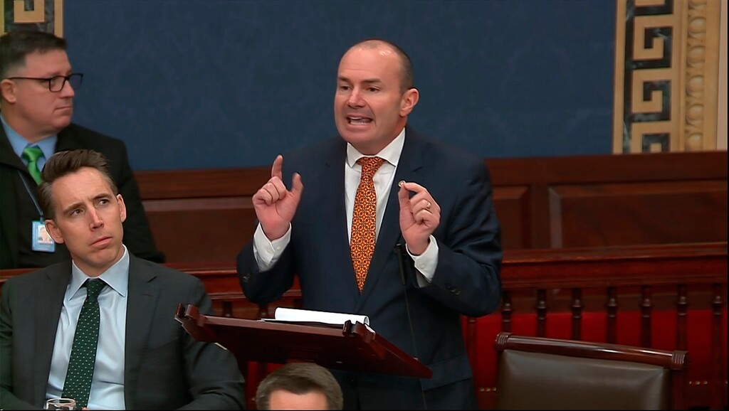 (Senate Television via AP) In this image from video from Senate Television, Sen. Mike Lee, R-Utah, speaks during the impeachment trial of Homeland Security Secretary Alejandro Mayorkas on the Senate floor at the U.S. Capitol, Wednesday, April 17, 2024, in Washington.