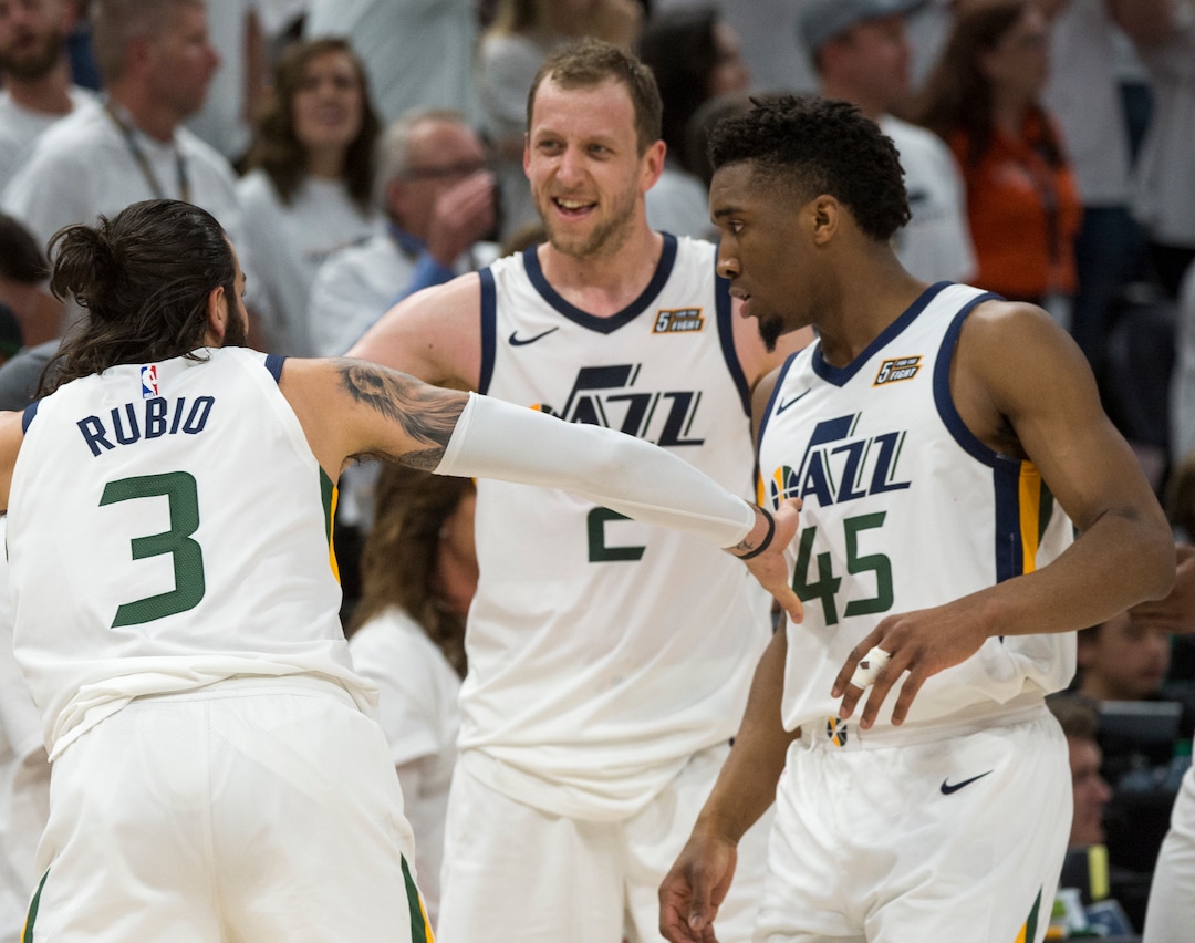 (Rick Egan  |  The Salt Lake Tribune) Utah Jazz forward Joe Ingles (2) rUtah Jazz guard Ricky Rubio (3) and Utah Jazz guard Donovan Mitchell (45) celebrate a huge Jazz lead in the 4th quarter, in game 4, NBA playoff action between Utah Jazz and Oklahoma City Thunder, in Salt Lake City, Monday April 23, 2018.