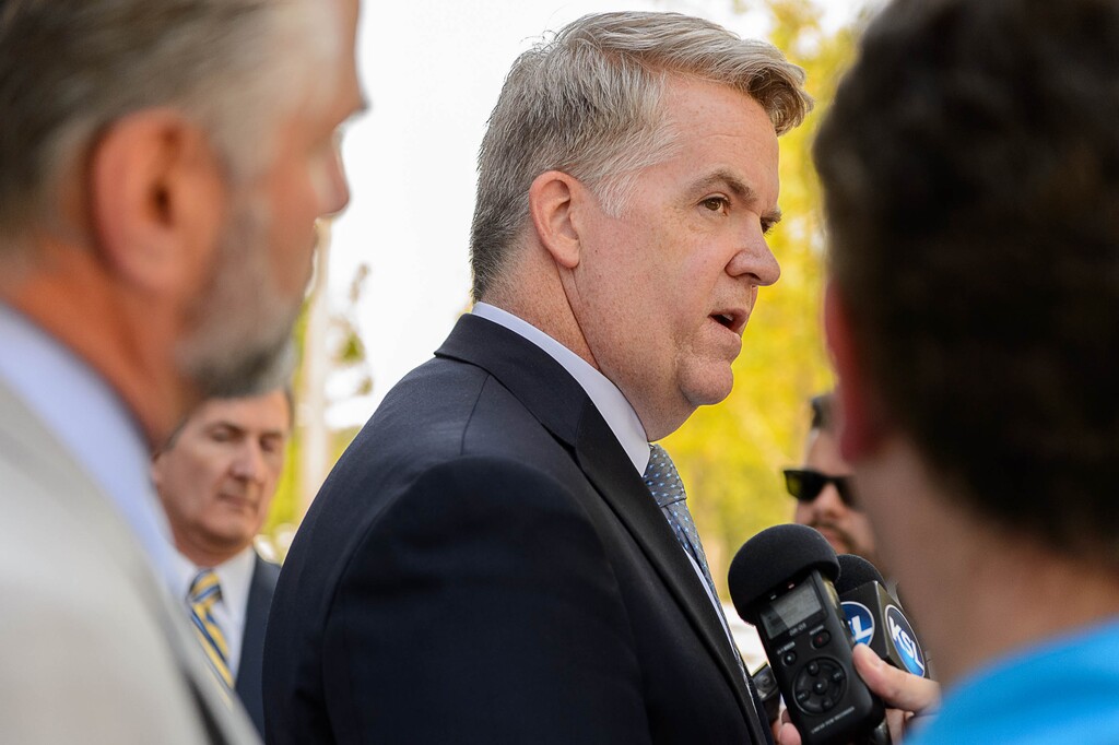 Trent Nelson | The Salt Lake Tribune
U.S. Attorney for Utah John Huber speaks outside the federal courthouse in Salt Lake City after a federal judge sentenced online entrepreneur Jeremy Johnson to 135 months in prison for eight counts of making false statements to a bank. Friday July 29, 2016.