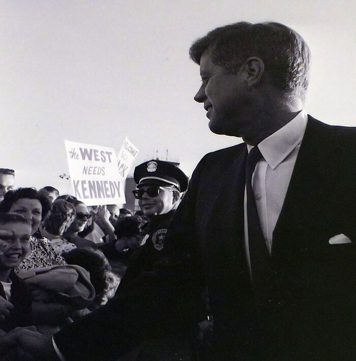 photo courtesy Utah State Historical Society
John F. Kennedy greets a crowd at the airport before giving a speech at Temple Square on September 26, 1963.