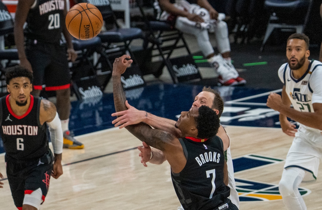(Rick Egan | The Salt Lake Tribune) Utah Jazz guard Joe Ingles (2) goes up for a shot, as Houston Rockets guard Armoni Brooks (7) defends, in NBA action between the Utah Jazz and the Houston Rockets, at Vivint Arena, on Saturday, May 8, 2021.
