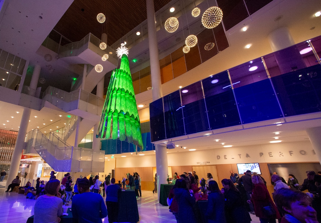(Rick Egan  |  The Salt Lake Tribune) Eccles Theater unveils its annual Holiday Tree art installation, Monday, Dec. 2, 2019. The title is "Winter Wind," created by Rob Beishline & Shelley Beishline of Tooza Design. The work features 75 snowboards.