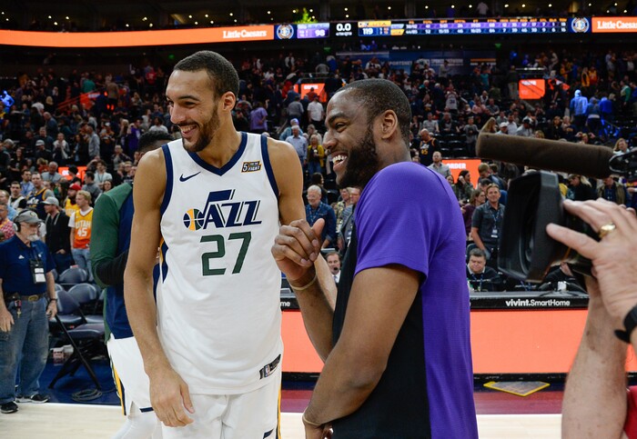 (Francisco Kjolseth  |  The Salt Lake Tribune)  Utah Jazz center Rudy Gobert (27) has fun with former teammate Sacramento Kings guard Alec Burks (13) following Utah's win over the Sacramento Kings in their NBA game at Vivint Smart Home Arena Friday, April 5, 2019, in Salt Lake City.
