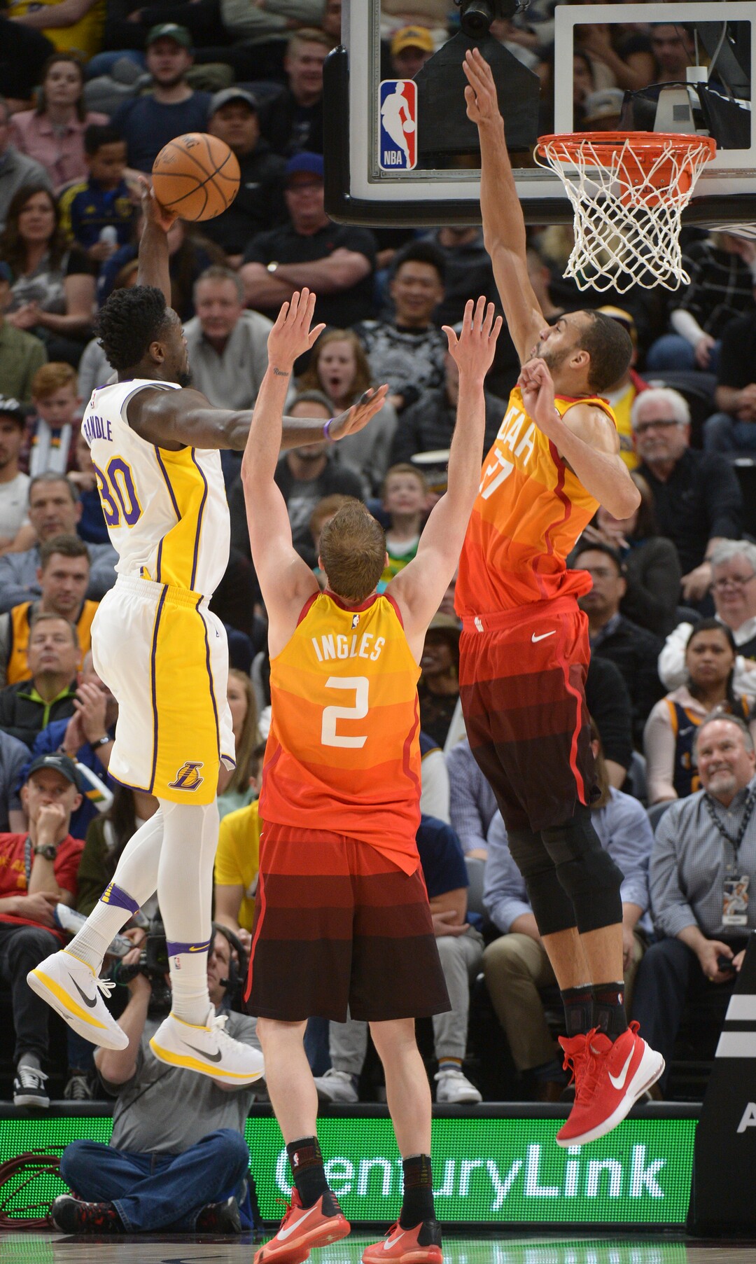 (Leah Hogsten  |  The Salt Lake Tribune)  Utah Jazz center Rudy Gobert (27) denies Los Angeles Lakers forward Julius Randle (30) at the net as the Utah Jazz host the Los Angeles Lakers at Vivint Smart Home Arena Tuesday, April 3, 2018