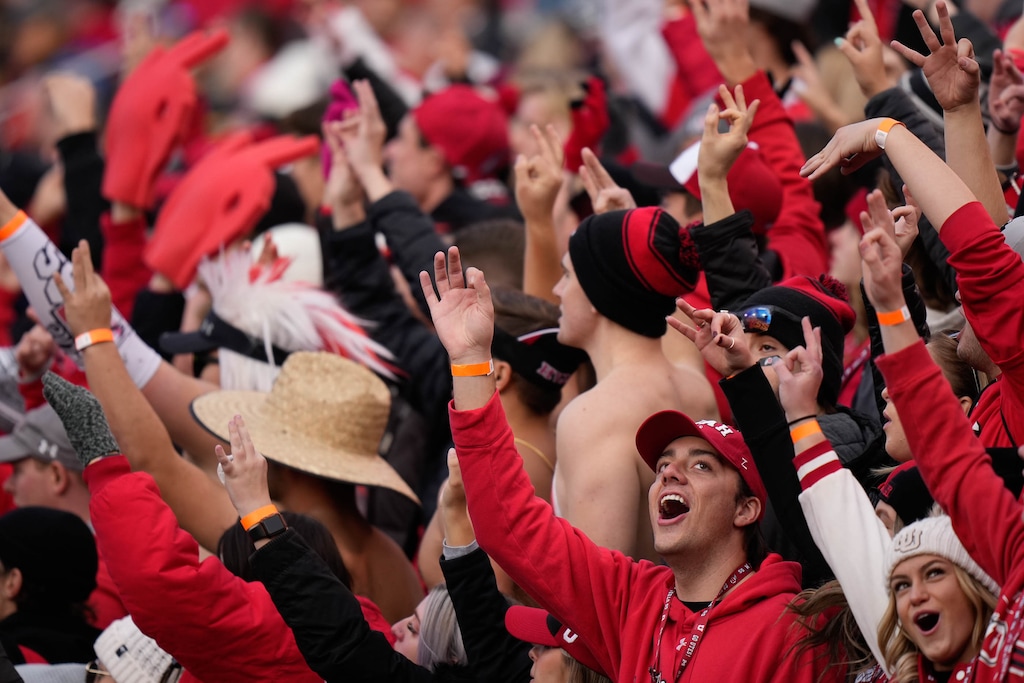 (Francisco Kjolseth | The Salt Lake Tribune) The student section calls third down as the University of Utah hosts the Colorado Buffaloes in Pac-12 football, Friday, Nov. 26, 2021 at Rice-Eccles Stadium.