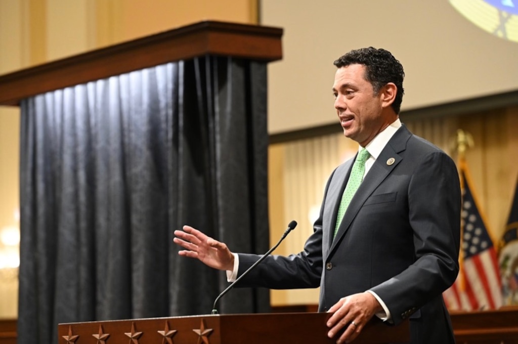 (Office of Jason Chaffetz) Former Utah Rep. Jason Chaffetz speaks at a ceremony unveiling the official portrait of former Democratic Rep. Elijah Cummings. Chaffetz was chairman of the House Oversight Committee while Cummings was the ranking member.