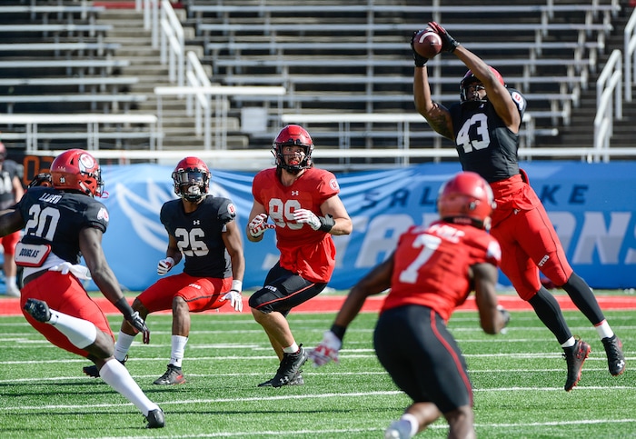 (Francisco Kjolseth  |  The Salt Lake Tribune)  The Utah Utes hold their first of two major scrimmages of spring practice at Rice Eccles stadium on Saturday, March 30, 2019, prior to the April 13 Red-White Game. 