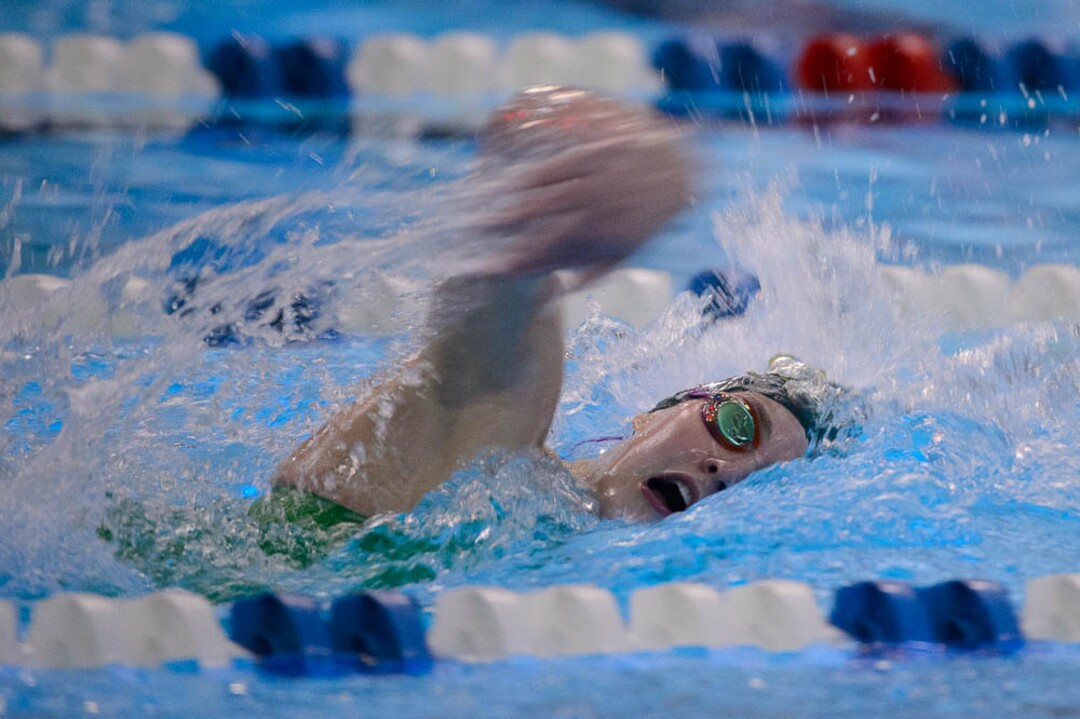 (Trent Nelson | The Salt Lake Tribune)  Kearns High School's Keely Christenot wins the Women 200 Yard Freestyle at the high school swimming 6A State Championships in Bountiful, Thursday February 8, 2018.