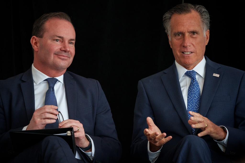 (Trent Nelson  |  The Salt Lake Tribune) Senators Mike Lee and Mitt Romney at the ribbon cutting ceremony for Thermo Fisher Scientific's Ogden facility on Wednesday, April 20, 2022.