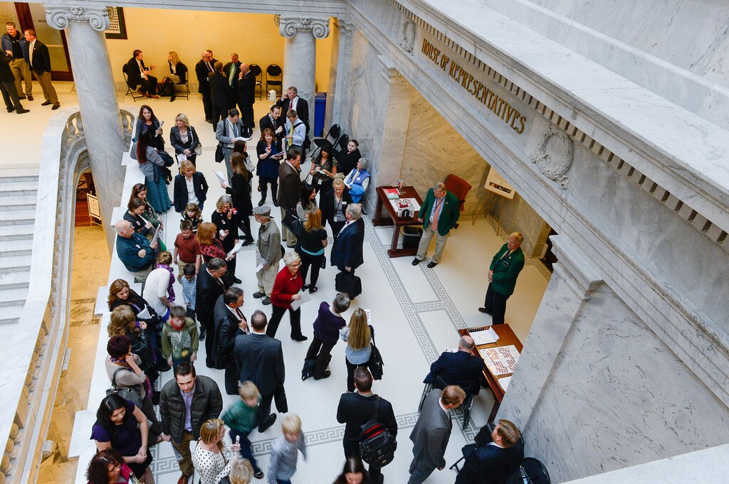 (Francisco Kjolseth  |  Tribune file photo)
Lobbyists and individuals looking to speak to representatives, crowd the halls outside the House of Representatives during the Legislative session on Monday, Feb. 9, 2015.