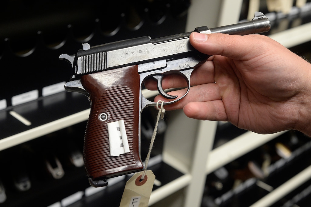 (Photo by Scott Sommerdorf   |  The Salt Lake Tribune)  One of the many handguns, shown in 2017, stored in the gun vault at the Utah State Crime Lab. A 2020 survey found that 47% of Latter-day Saint households in the U.S. have a gun.