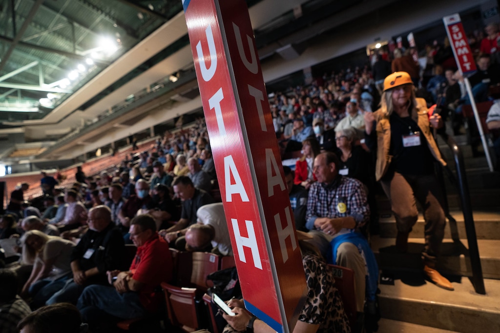(Francisco Kjolseth | The Salt Lake Tribune) Delegates attend the Utah Republican Party’s 2021 Organizing Convention at the Maverik Center in West Valley City on Saturday, May 1, 2021. Salt Lake City is a finalist to host the GOP's national convention in 2024.