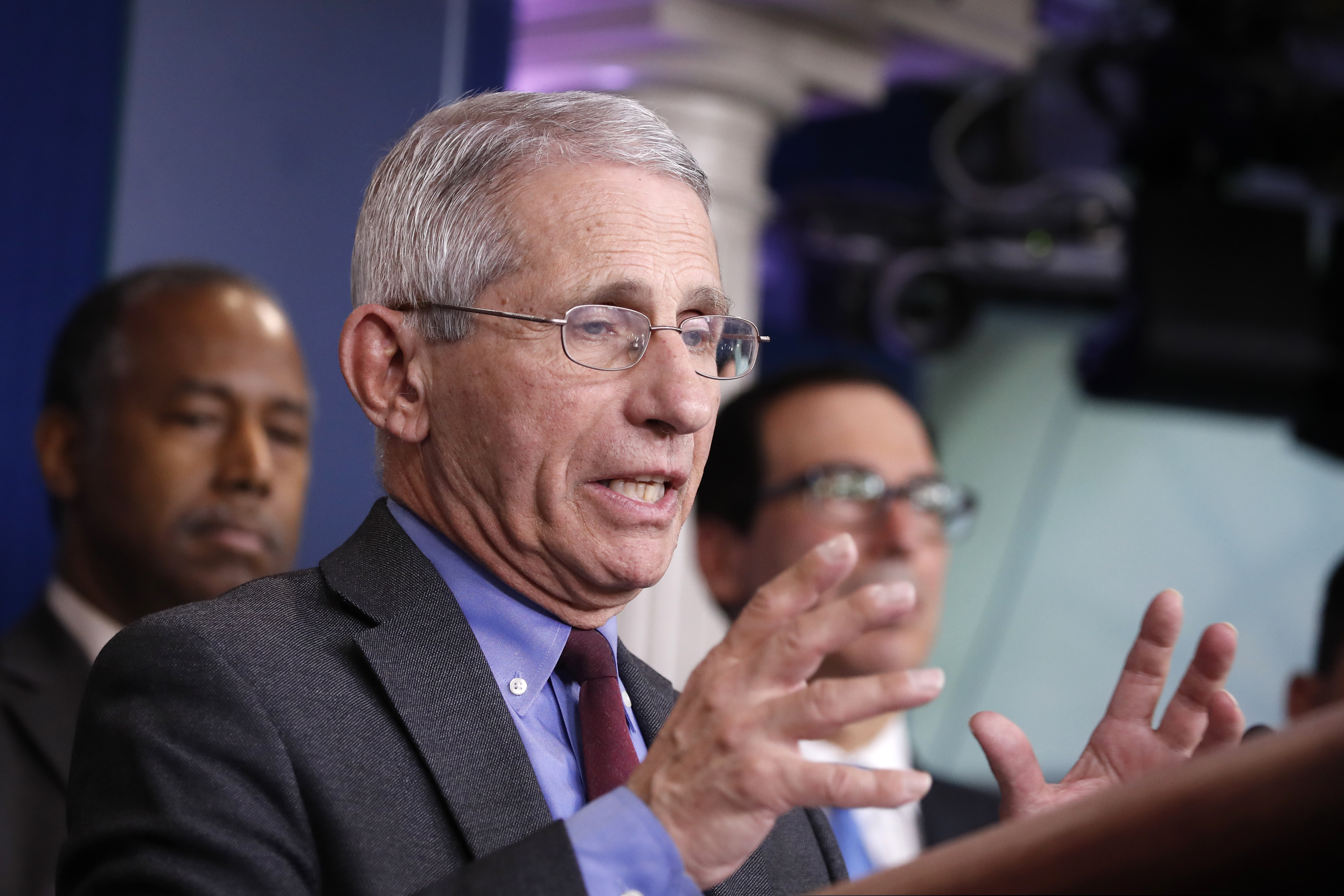 (Alex Brandon | The Associated Press) Dr. Anthony Fauci, director of the National Institute of Allergy and Infectious Diseases, speaks during a briefing on coronavirus in the Brady press briefing room at the White House, Saturday, March 14, 2020, in Washington.
