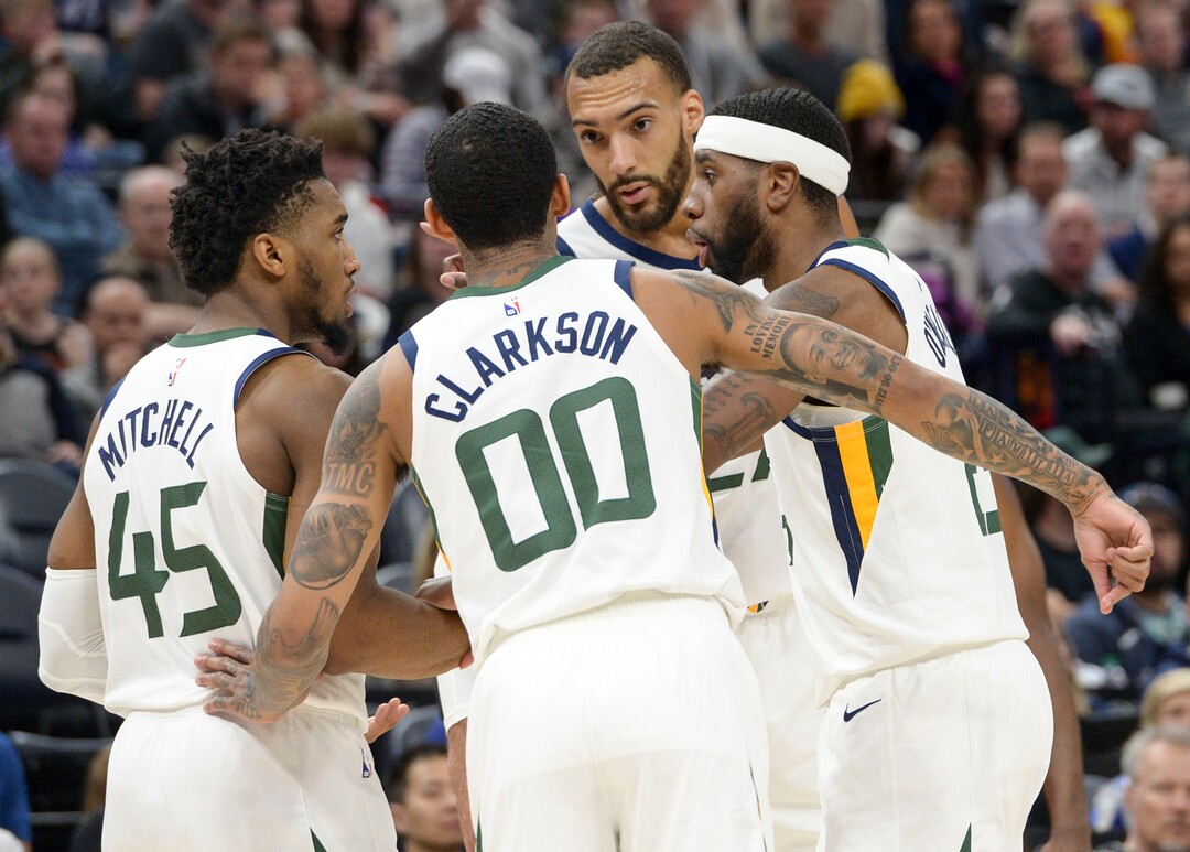 (Leah Hogsten  |  The Salt Lake Tribune) l-r Utah Jazz guard Donovan Mitchell (45), Utah Jazz guard Jordan Clarkson (00), Utah Jazz center Rudy Gobert (27) and Utah Jazz forward Royce O'Neale (23) try to get some momentum in the second half.  The Utah Jazz lost to the Houston Rockets 110-120 at Vivint Arena, Feb. 22, 2020.
