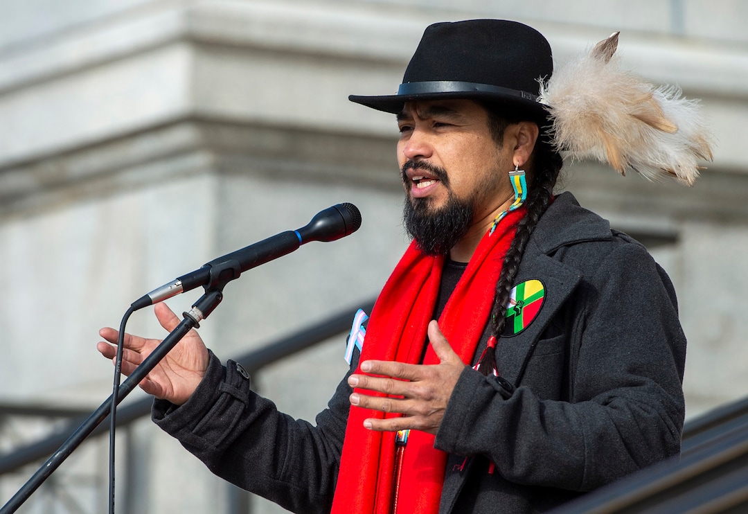 (Rick Egan  |  The Salt Lake Tribune)     Carl Moore, from the Salt Lake City Air Protectors, says a few words as Native Americans and their supporters gather on the steps of the Utah State Capitol for a rally to oppose a resolution that would discourage the removal of Native American names or symbols from school mascots, Saturday, Jan. 25, 2020.