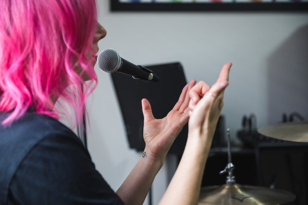 (Clark Clifford  |  For The Salt Lake Tribune) Elaine Bradley of Noble Bodies counts on her fingers the songs they have prepared for an upcoming show in the band's rehearsal space in Orem on Saturday, Aug. 3, 2019.