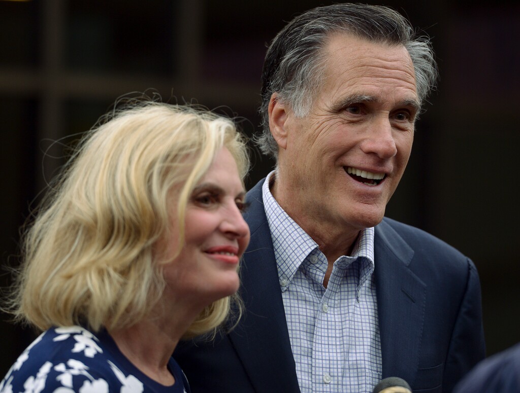 (Leah Hogsten | The Salt Lake Tribune) Mitt and Ann Romney attend their local caucus meeting with other members of the Holladay Precinct 23. At Cottonwood High SchoolÕs GOP caucuses, a combined 35 caucuses met to elect precinct officers, who help govern the parties, plus delegates to state and county conventions, Tuesday, March 20, 2018.