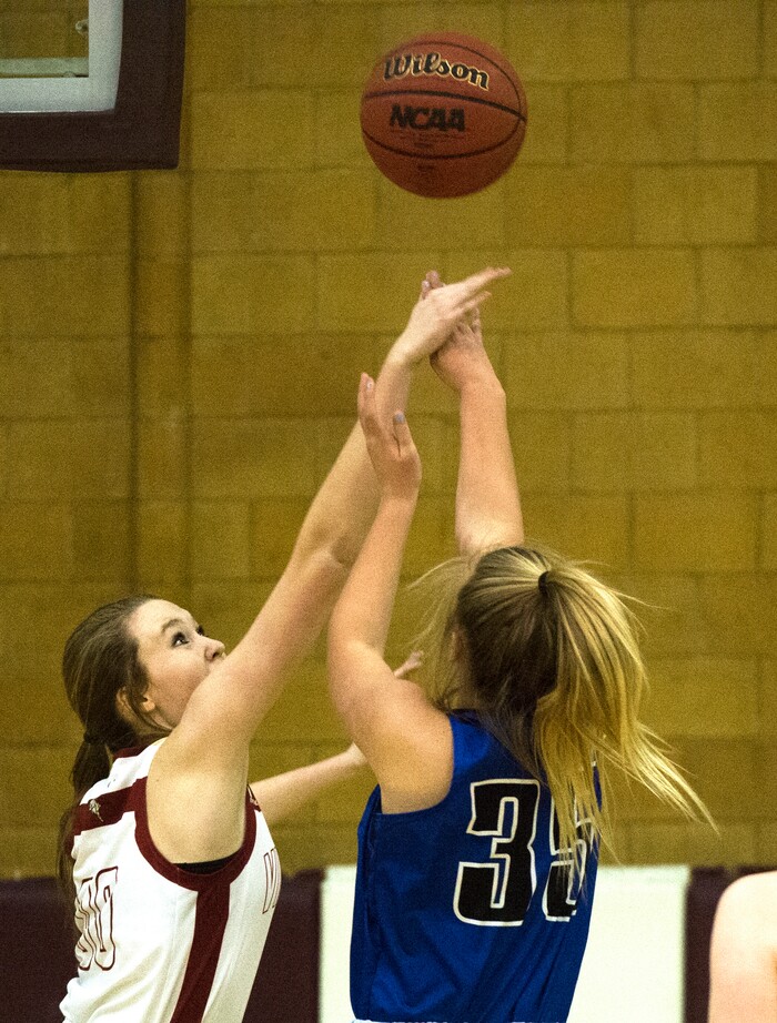 (Rick Egan  |  The Salt Lake Tribune)    Bingham High Forward Jaycee Lichtie (25) takes a shot as Melissa Sorenson defends for Viewmont, in prep basketball action, Bingham vs. Viewmont, in Bountiful, Wednesday, January 3, 2018.