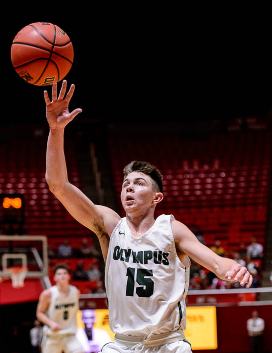 (Trent Nelson | The Salt Lake Tribune)  Viewmont vs. Olympus, 5A State high school basketball tournament at the Huntsman Center in Salt Lake City, Wednesday Feb. 28, 2018. Olympus's Rylan Jones (15).