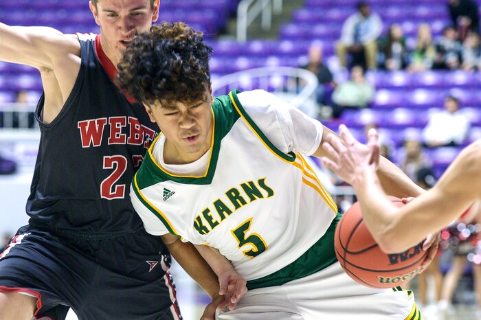 (Leah Hogsten  |  The Salt Lake Tribune) Kearns' Nate Maiava (05) fights to get to the paint. Weber defeated Kearns 60-52 in the 6A High School Boys' Basketball Tournament opening game at Weber State University’s Dee Events Center in Ogden, Tuesday, Feb. 27, 2018. 