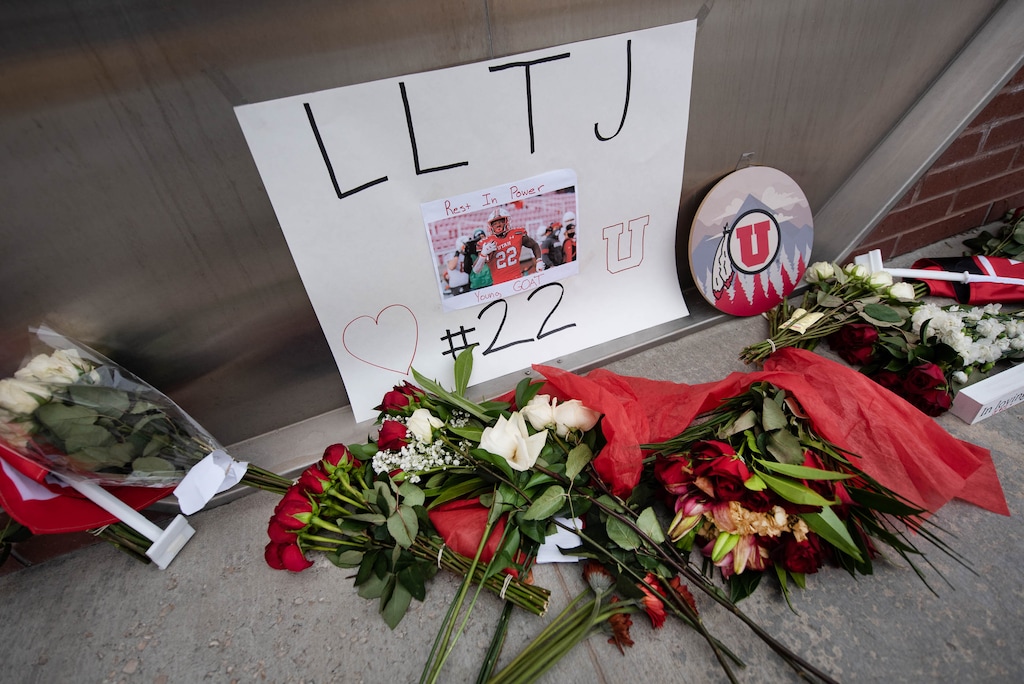 (Francisco Kjolseth | The Salt Lake Tribune) A small memorial in honor of Utah running back Ty Jordan, who died in a reported accidental gunshot wound on Christmas night, takes shape outside the Spence and Cleone Eccles Football Center on the University of Utah campus on Monday, Dec. 28, 2020.