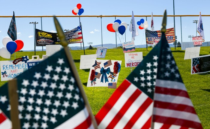 (Leah Hogsten  |  The Salt Lake Tribune) Handmade signs pay tribune to veterans at the Heber City 2020 Memorial Day Drive By Tribute to remember and honor all of our military, past & present, men and women who serve or have served in our Armed Forces, May 25, 2020.