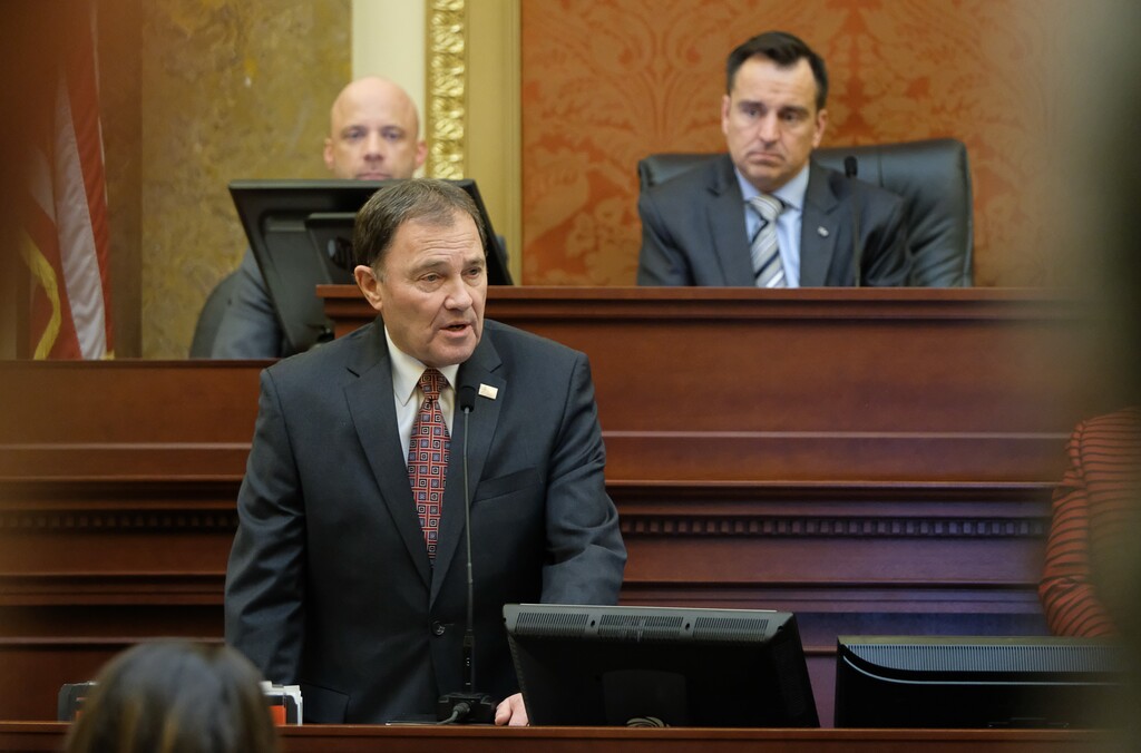 (Francisco Kjolseth | Tribune file photo) Gov. Gary Herbert addresses the House of Representatives at the conclusion of the legislative session on Thursday night,  March 9, 2017.