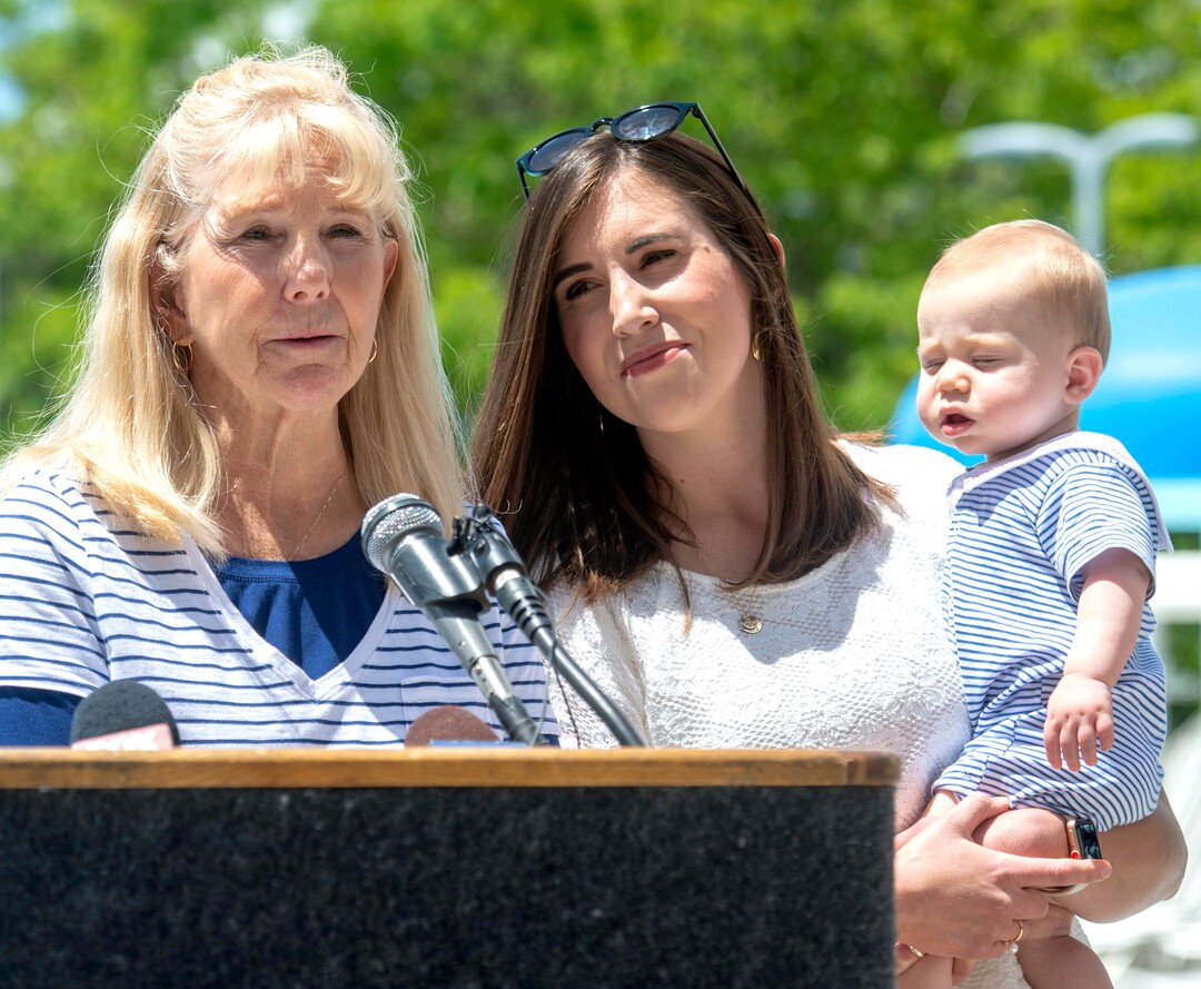 (Rick Egan  |  The Salt Lake Tribune)    Chris Miles talks about how she nearly lost her 2-year-old grandson Nathan Miles, to an accidental drowning, as her daughter Allie and grandson sam listen, during a news conference at the Jewish Community Center to promote summer water safety, Friday May 31, 2019