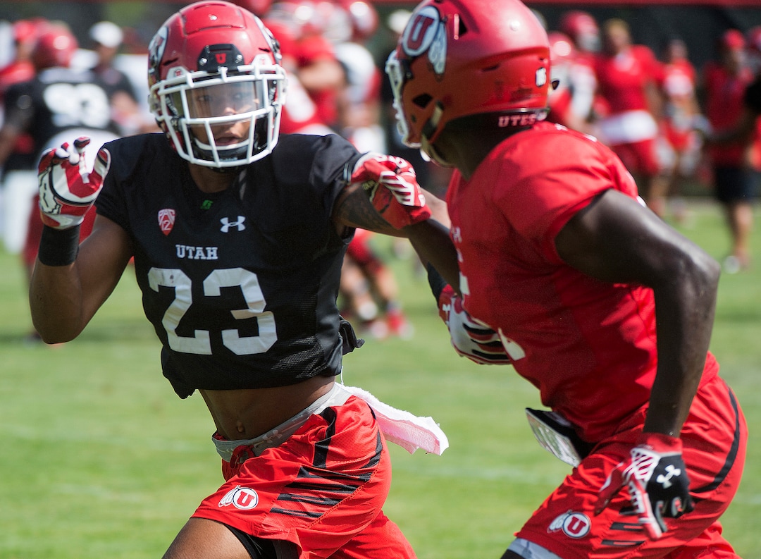 (Rick Egan  |  The Salt Lake Tribune)  Utah defensive back, Julian Blackmon (23) runs a play during football practice, Monday, August 7, 2017.