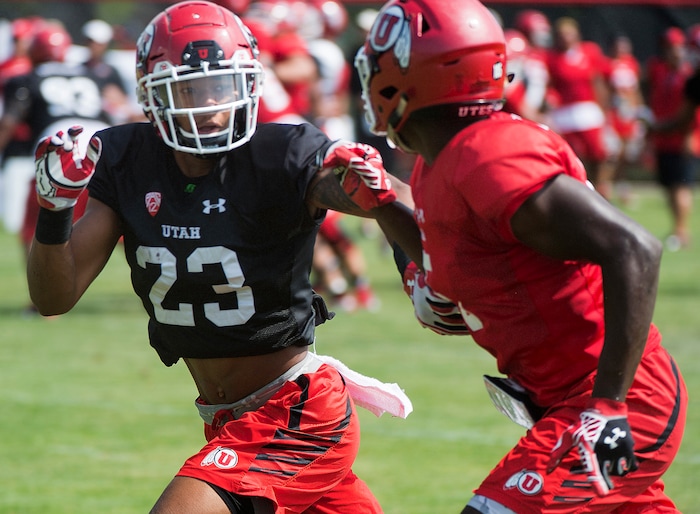 (Rick Egan  |  The Salt Lake Tribune)  Utah defensive back, Julian Blackmon (23) runs a play during football practice, Monday, August 7, 2017.



