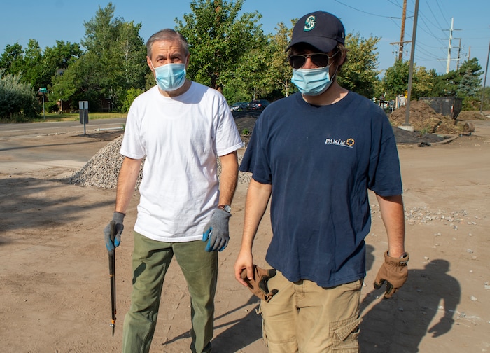 (Rick Egan  |  The Salt Lake Tribune)      Chris Juchau, Stake President of the Church of Jesus Christ of Latter Day Saints Highland Utah South Stake left, walks with Rabbi Sam Spector of Congregation Kol Ami, right, as Juchau and members of his stake help xeriscape the grounds around the building on Wednesday, Aug. 5, 2020.
