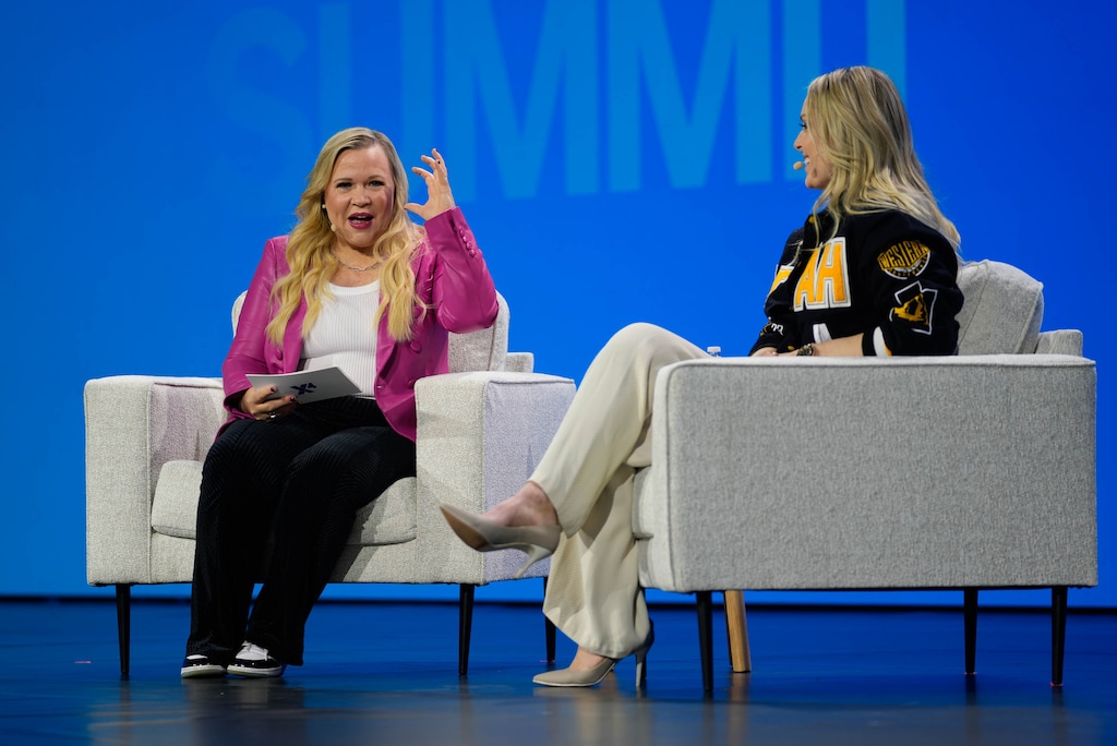 (Francisco Kjolseth  |  The Salt Lake Tribune) Sports commentator Holly Rowe, left, interviews Olympic gold medalist Lindsey Vaonn during the first day of the Qualtrics X4 tech conference summit at the Salt Palace Convention Center in Salt Lake City on Wednesday, May 1, 2024.
