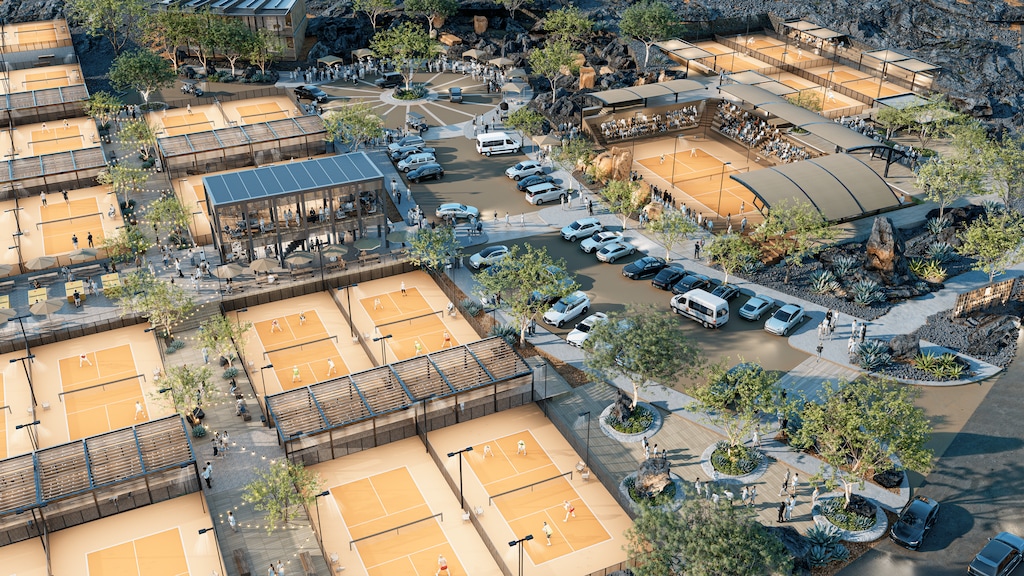(Black Desert Resort) Rendering of the 21 pickleball courts set to open in March 2026 at Black Desert Resort. The resort will host the Greater Zion Cup in 2026, drawing pickleball players from around the world.