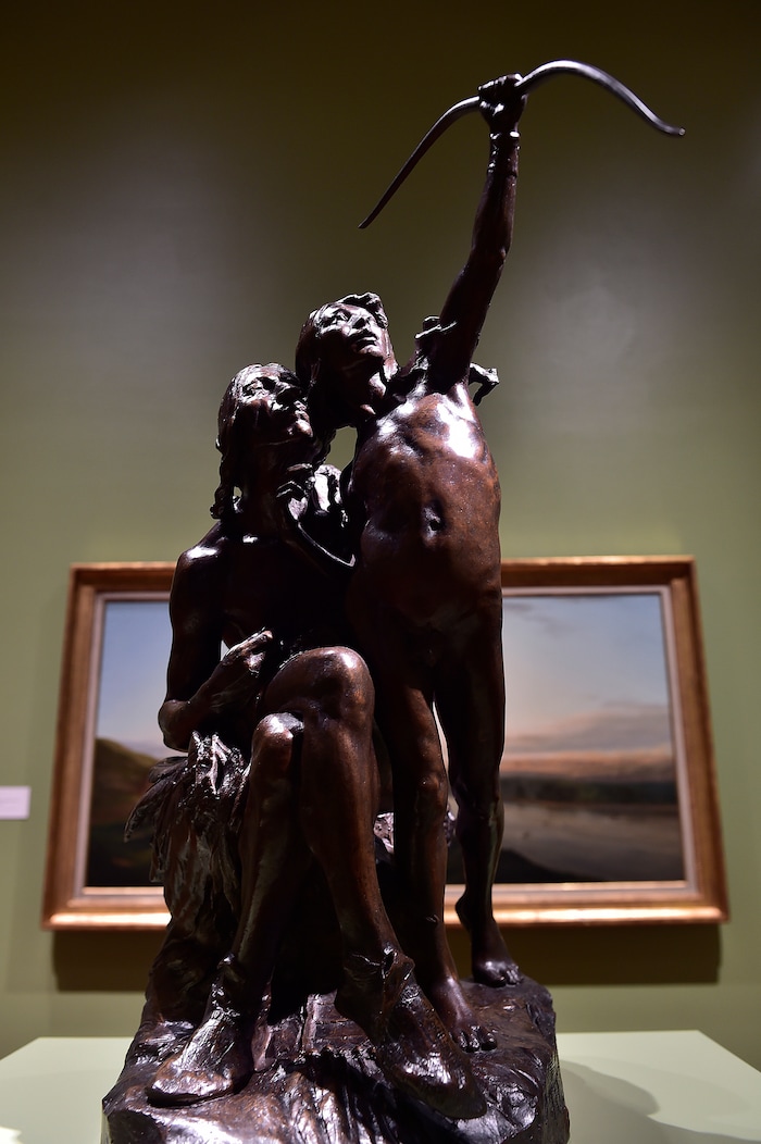 (Scott Sommerdorf | The Salt Lake Tribune)
Hermon Atkins MacNeil's casting "The Sun Vow" - 1919 is on display as part of the Utah Museum of Fine Art's new special exhibit of the touring show "Go West!" - Art of the American Frontier from the Buffalo Bill Center of the West, Wednesday, November 29, 2017.
The exhibit opens to the public on Sunday, Dec 3.