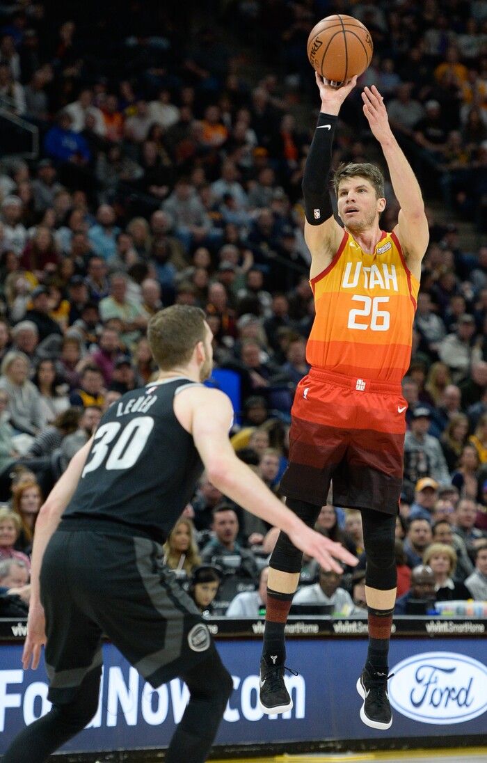 (Francisco Kjolseth  |  The Salt Lake Tribune)  Utah Jazz guard Kyle Korver (26) goes for three over Detroit Pistons forward Jon Leuer (30) in the first half of their NBA game at Vivint Smart Home Arena Monday, Jan. 14, 2019, in Salt Lake City.