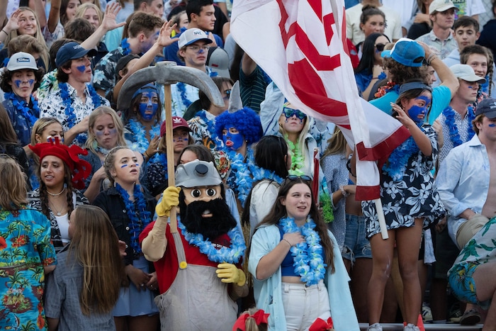 (Francisco Kjolseth | The Salt Lake Tribune)  The Park City Miners student section shows up to support the team, as they pull off and upset against the East Leopards 24-23 at Park City on Friday, Sept. 3, 2021.