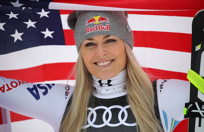 United States' Lindsey Vonn celebrates after taking third place during the women's downhill race, at the alpine ski World Championships in Are, Sweden, Sunday, Feb. 10, 2019. (AP Photo/Marco Trovati)