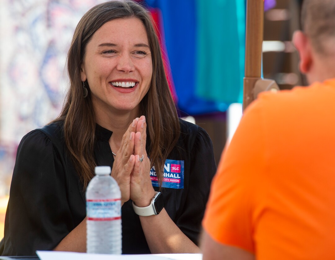 (Rick Egan  |  The Salt Lake Tribune)      Salt Lake City Mayor candidate Erin Mendenhall judges jam competition at the Marmalade Jam Fest, Saturday, Sept. 21, 2019.